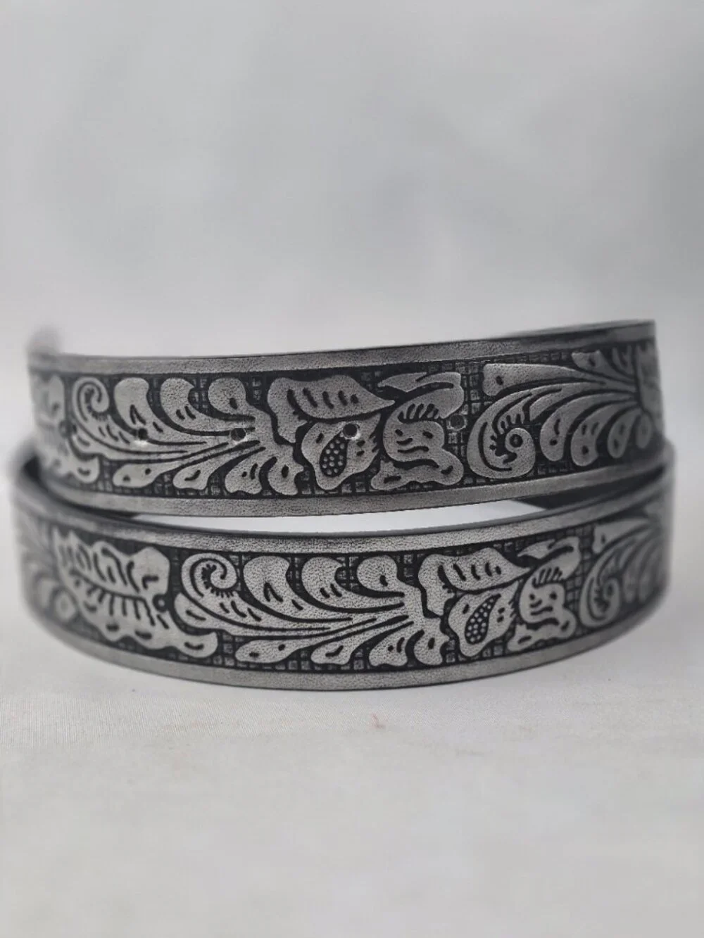 Silver-Tone Floral Embossed Black Leather Belt Western Cowboy Size XL